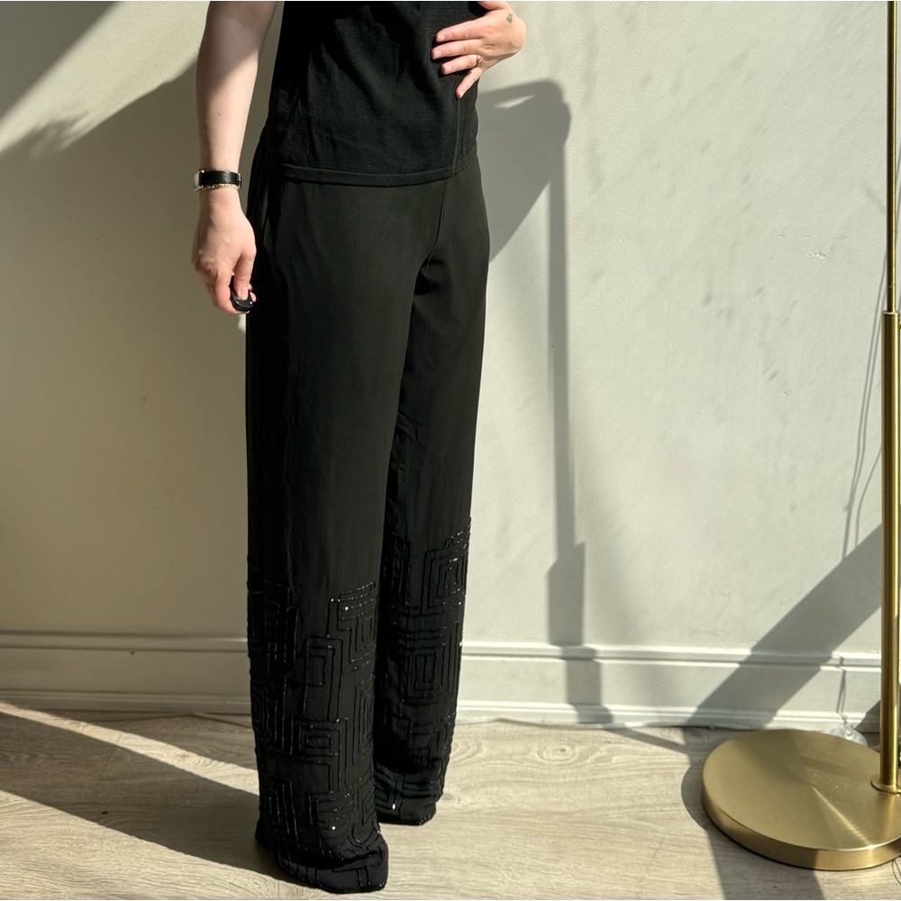 Silk Embellished Wide-Leg Black Evening Pants